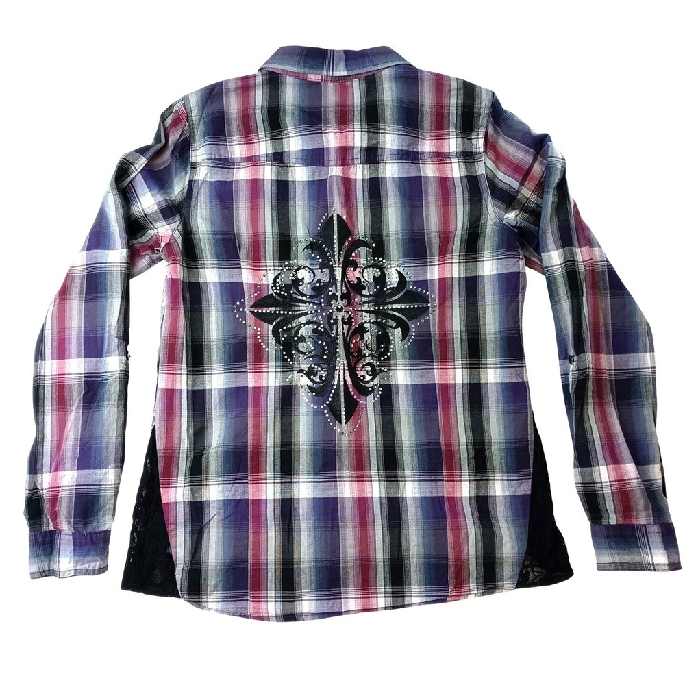 Y2K Maurice's Plaid Shirt Rhinestone Embellished Lace Western Style Women's Med - Picture 3 of 16